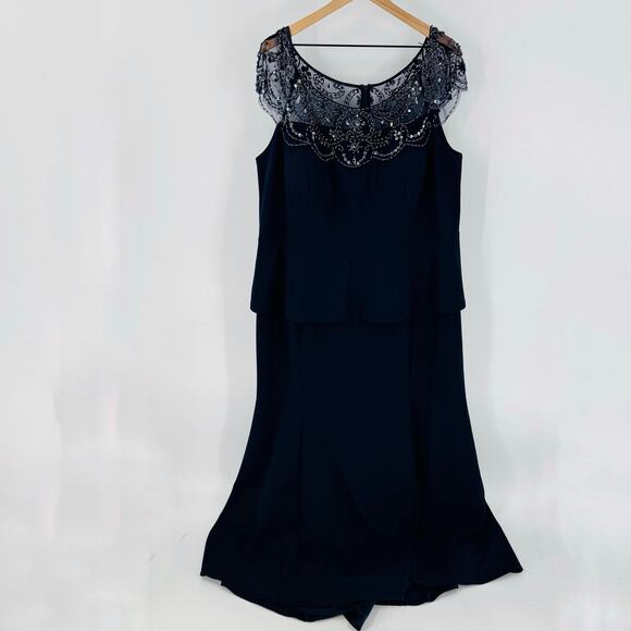 Xscape Navy Beaded Lace Cap Sleeve Formal Gown Floor Length Dress 18W - Picture 2 of 10